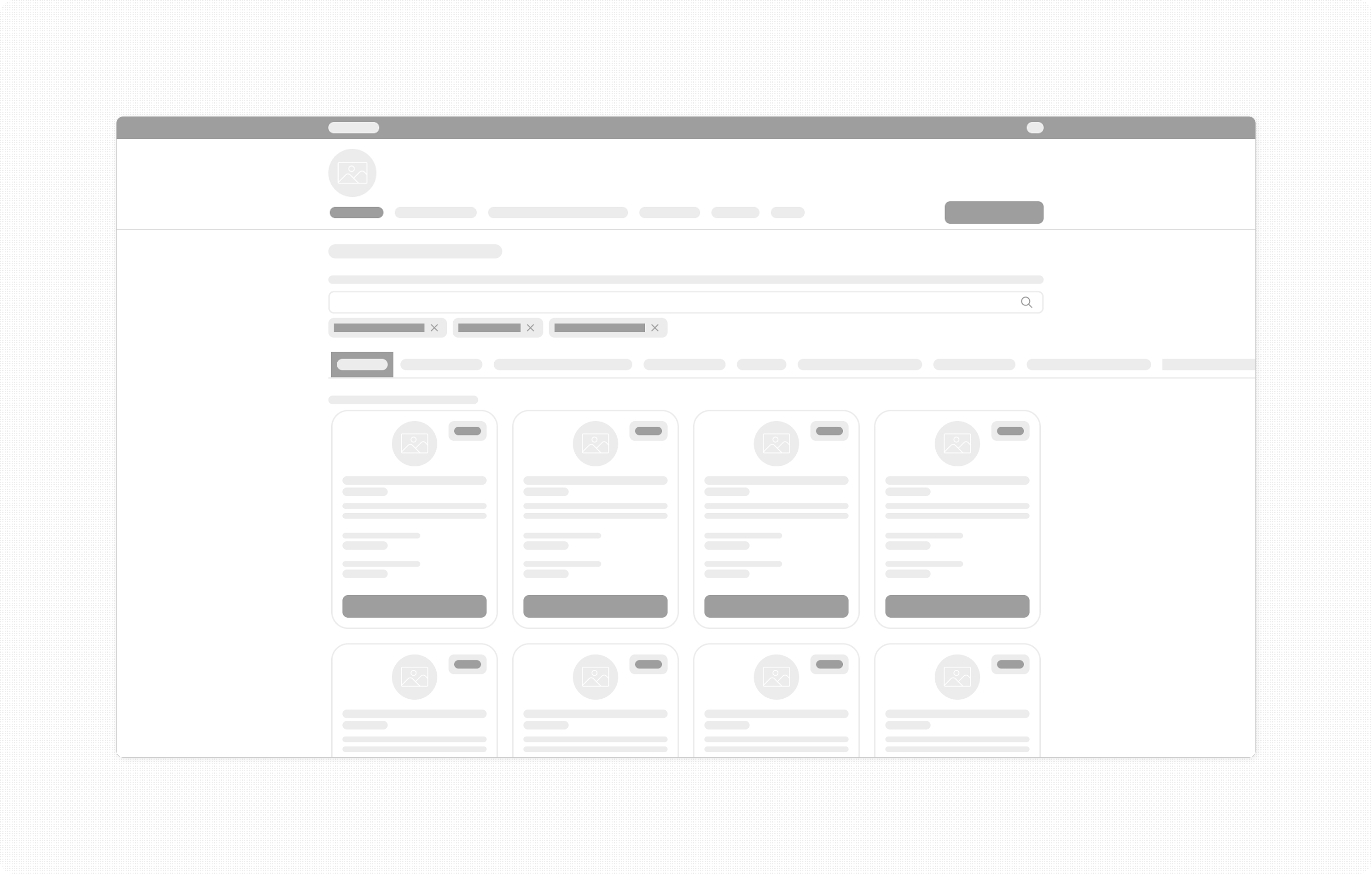 Wireframes: catálogo/listado con cards y acciones (desktop)